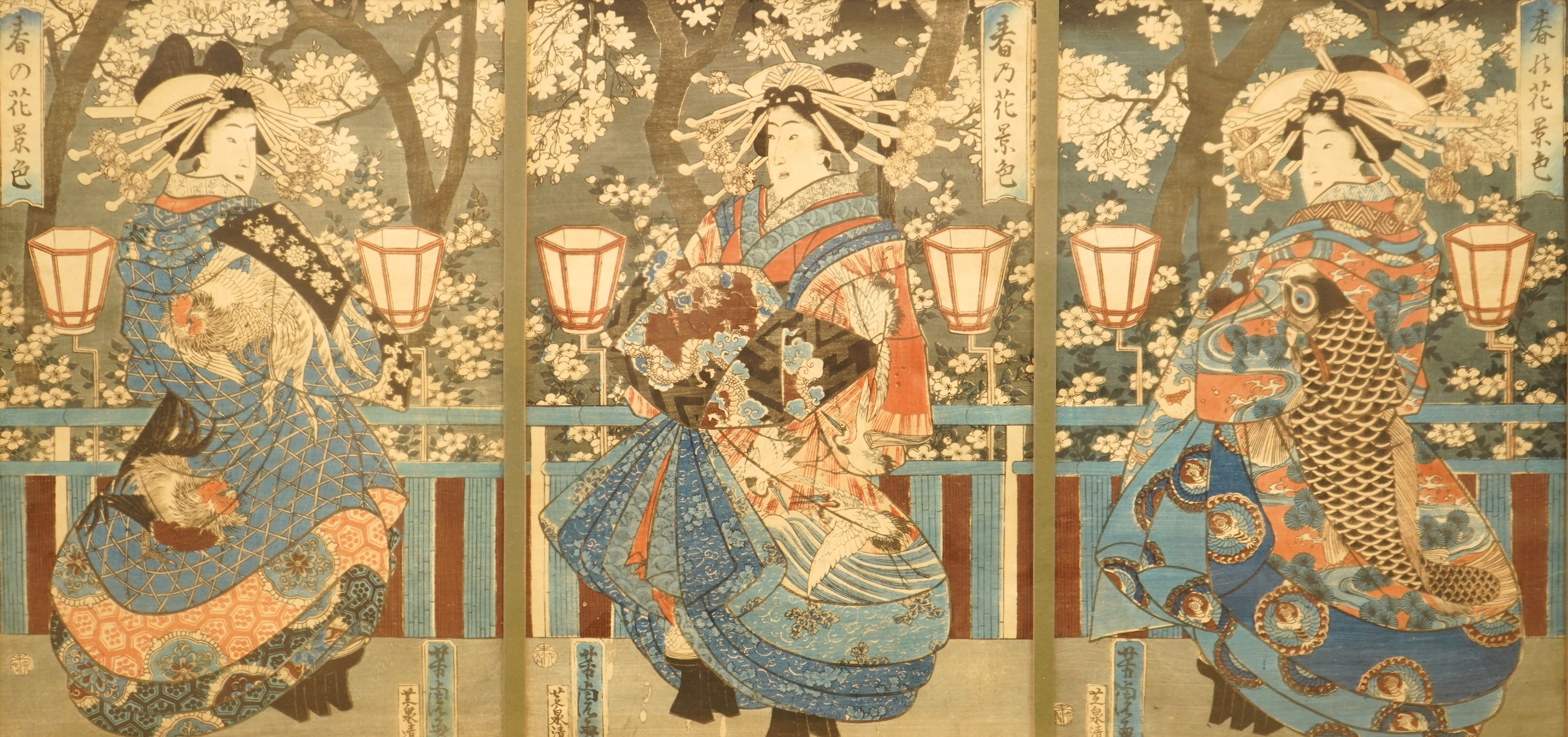 Yoshitora (Act. 1830s-80s), woodblock triptych, three courtesans in full attire standing under cherry blossoms, published by Sensei in 1859, ex. Japanese Gallery, Kensington Church Street, 35 x 74cm